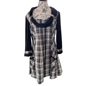 Y2K Black White Plaid Baby Doll Style Tunic Top Cowl Neck Size Large
